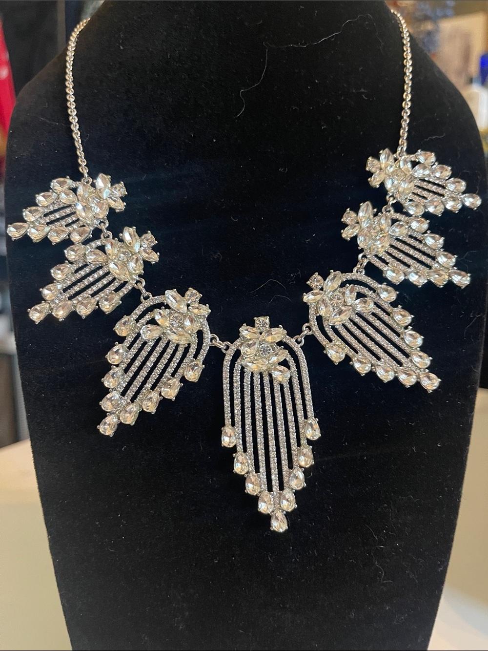 INC International Concepts Silver Crystal Fringe Bib Necklace